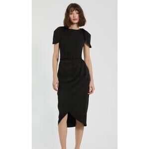 NWT Mac Duggal Quiet Luxury Crepe Belted Tulip Sleeve Midi Dress 8 Black Career